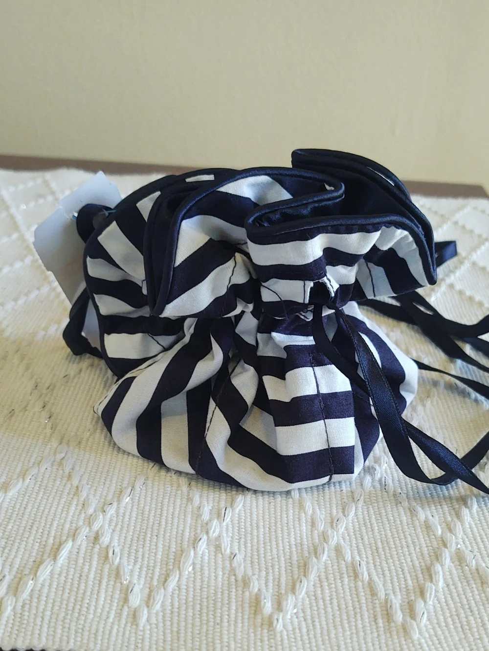 Striped Drawstring Pouch Bag - Navy and White